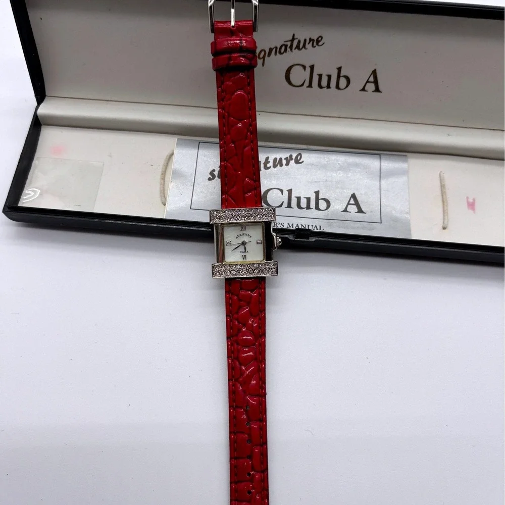 Adrienne Signature‎ Club A Womens Square Rhinestone Bezel Red Croc Leather Band